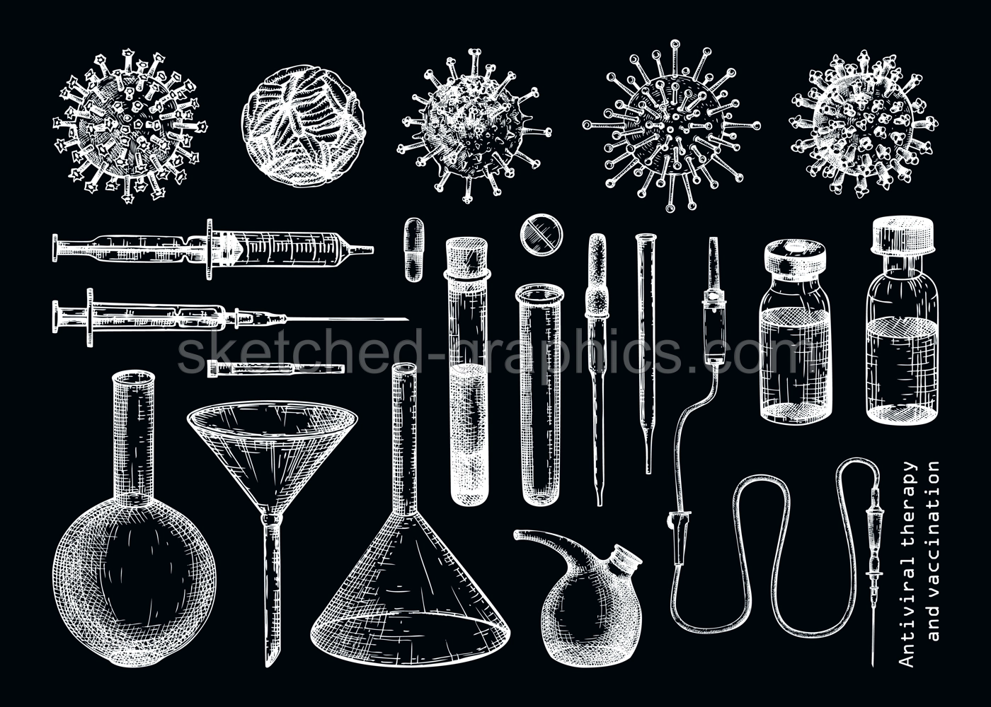 Antiviral therapy and vaccination set. Hand drawn vector illustrations. Vaccine in bottles, laboratory equipment, different virus sketches. Medical design elements. Covid-19 drawing on chalkboard Illustration